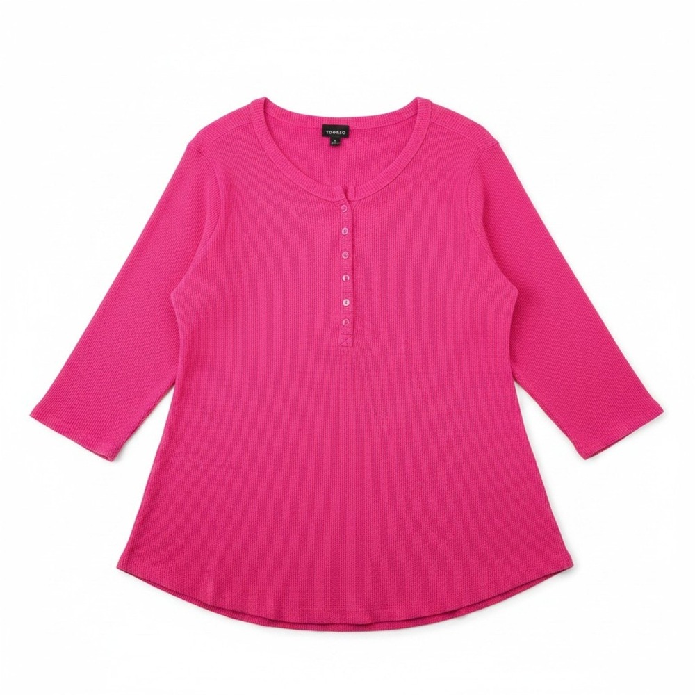 Torrid Henley Top Womens 2 Pink Waffle Knit 3/4 Sleeve Curved Hem Button Front